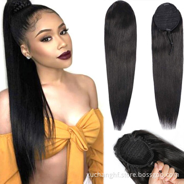 100% Human Hair Drawstring Ponytail For Black Women Elastic Hair Band Hairpieces 8"-24" 100grams #1B Straight Ponytail